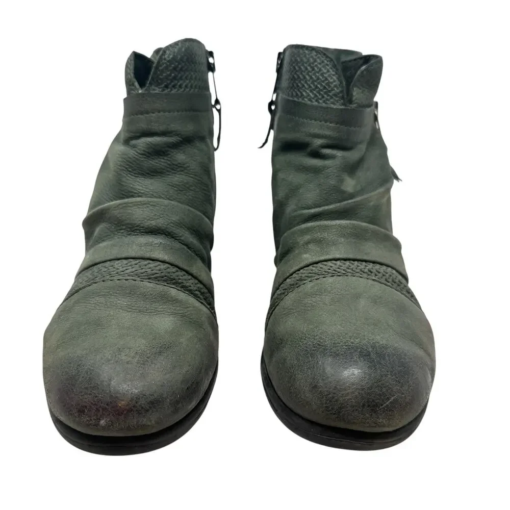Miz Mooz Sunny Green Leather‎ Ankle Booties Boots Ruched Zip EU 36 US 6 Womens